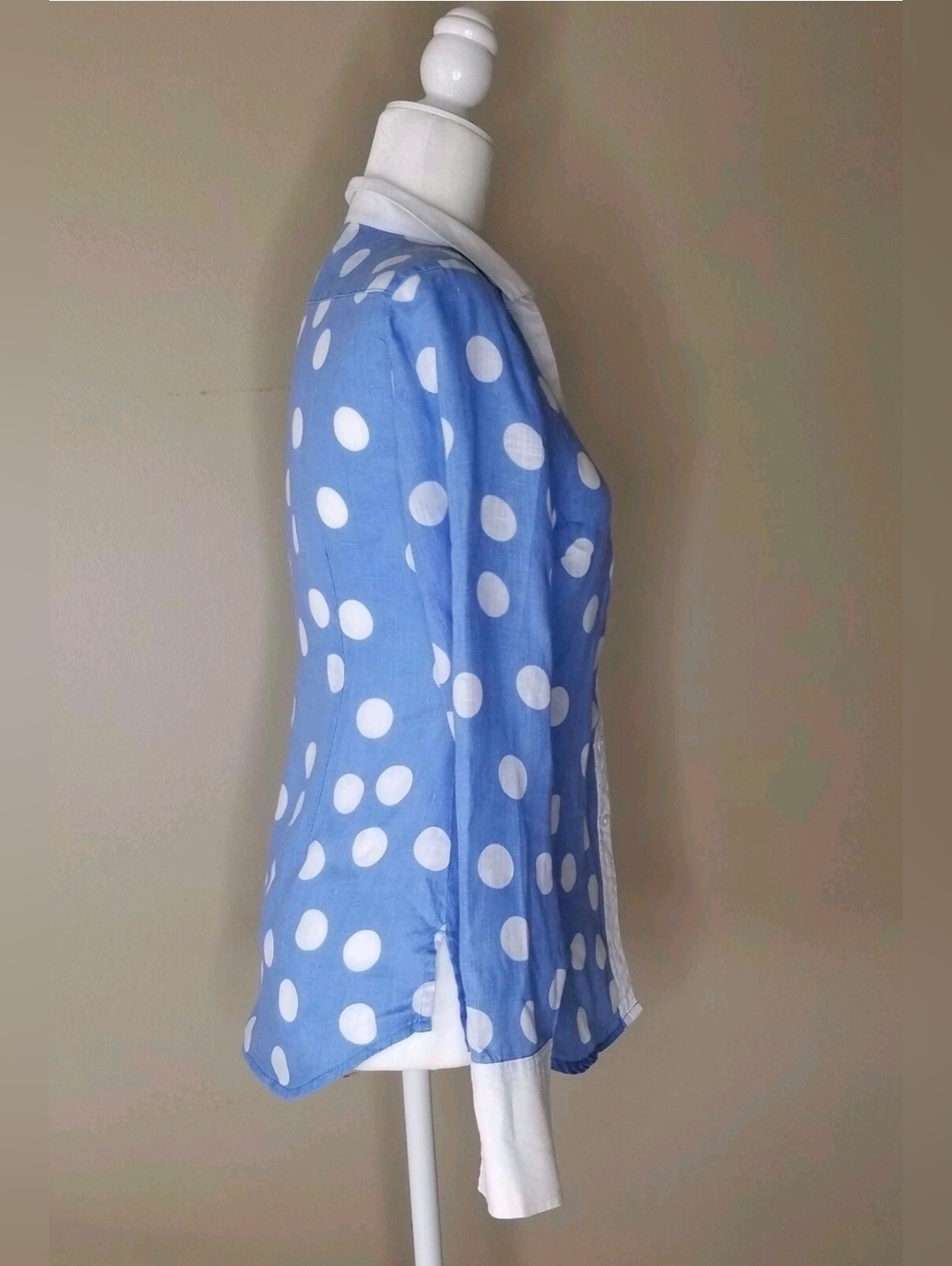 Island Company Linen Button Down Shirt Blouse  Blue/White Polka Dot Size  XS - Picture 2 of 14